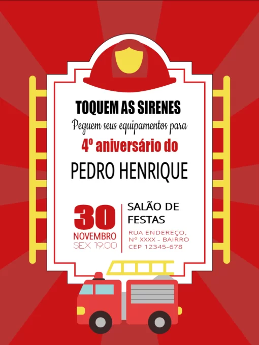 Convite aniversário Bombeiros Convite aniversário Bombeiros