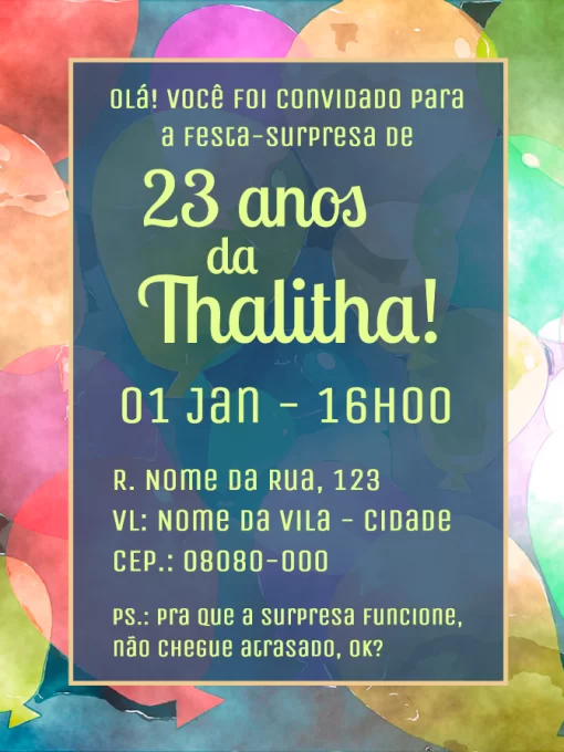 Convite de aniversário-surpresa virtual - balões Convite de aniversário-surpresa virtual - balões
