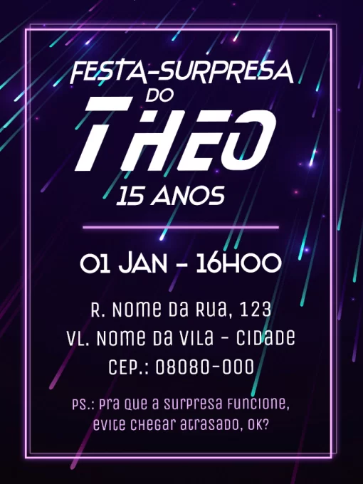 Convite de aniversário-surpresa virtual - cometas Convite de aniversário-surpresa virtual - cometas