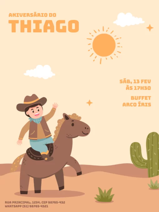 Convite De Aniversário Infantil Cowboy Menino Deserto