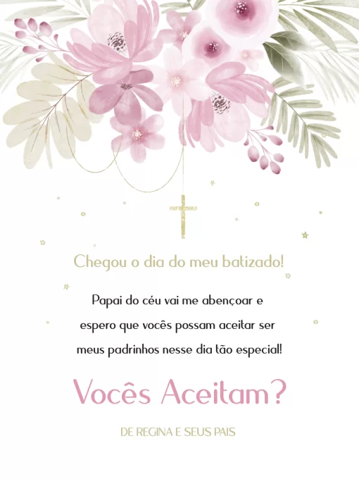 Convite Para Padrinhos De Batismo Floral Rosa Convite Para Padrinhos De Batismo Floral Rosa