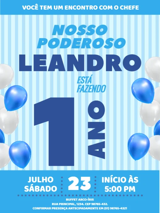 Convite de 1 Ano azul podereso Convite de 1 Ano azul podereso