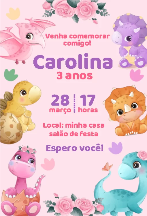 Convite Digital Dinossauro menina