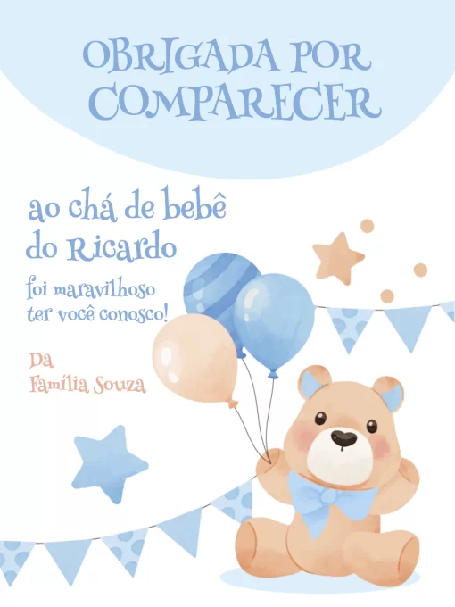 Cartão De Agradecimento De Presença Chá de Bebê Azul Cartão De Agradecimento De Presença Chá de Bebê Azul