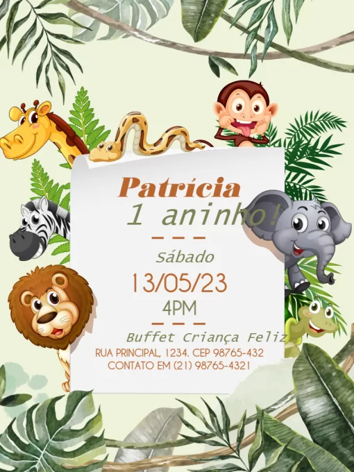 Convite De Aniversário Safari 1 Ano Verde Convite De Aniversário Safari 1 Ano Verde