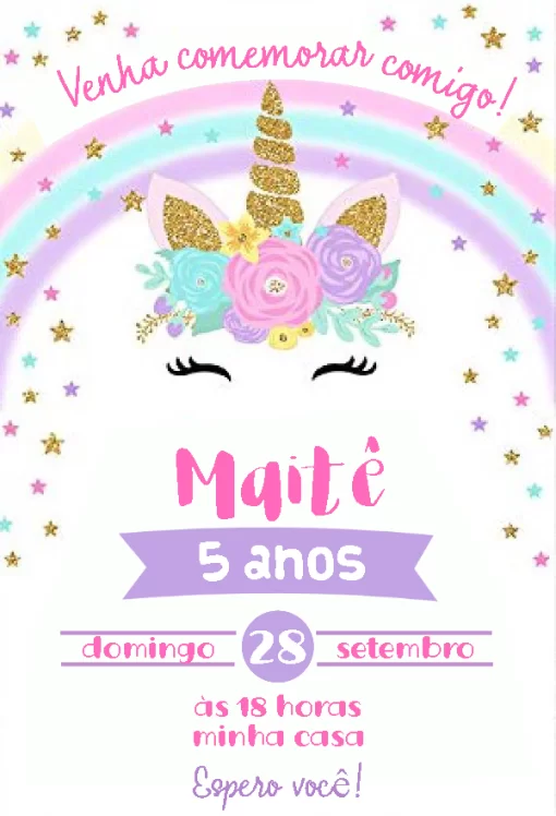 Convite virtual  unicórnio arco-íris