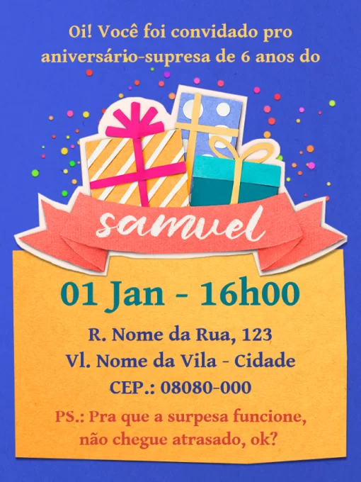 Convite de aniversário-surpresa virtual - presentes Convite de aniversário-surpresa virtual - presentes