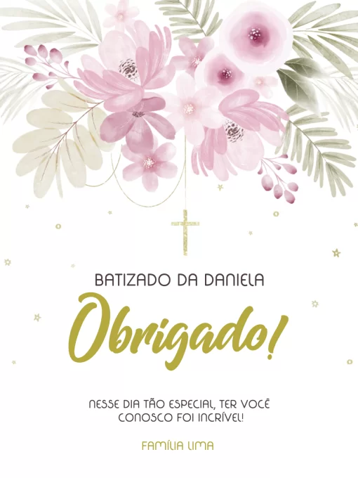 Cartão De Agradecimento De Presença Batizado Floral Rosa Cartão De Agradecimento De Presença Batizado Floral Rosa