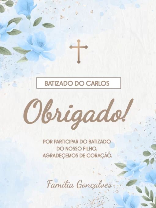 Cartão De Agradecimento De Presença Batizado Floral Azul Cartão De Agradecimento De Presença Batizado Floral Azul