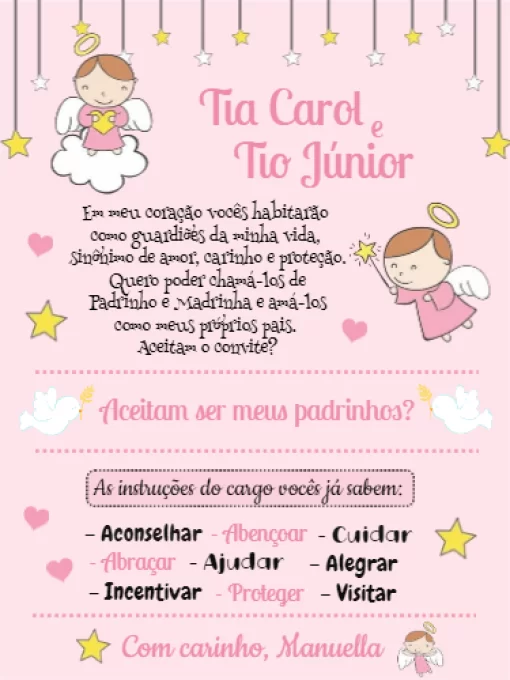 Convite Padrinhos Batismo Menina Rosa Convite Padrinhos Batismo Menina Rosa