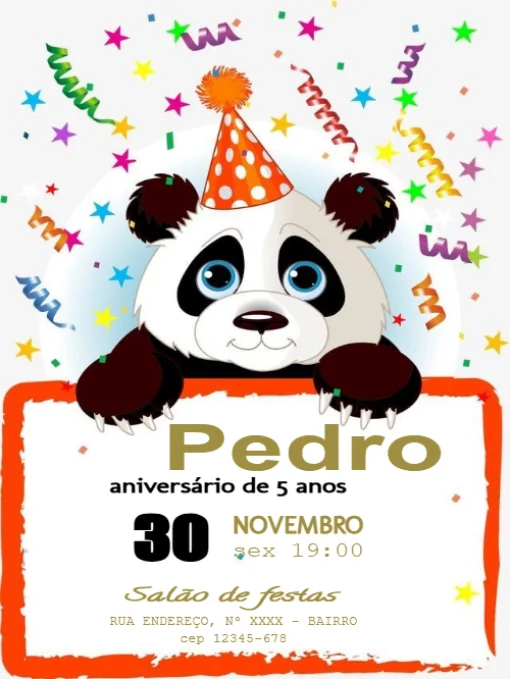 Convite aniversário Panda Para Editar