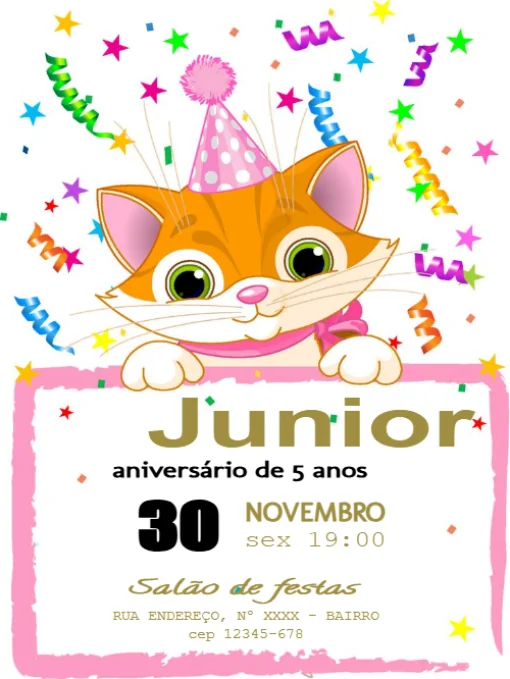 Convite aniversário Gatinho Para Editar