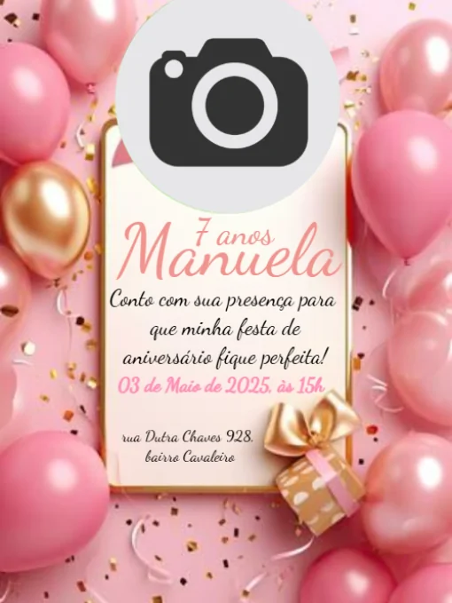 Convite Aniversário Rosa Balões e Foto Para Editar