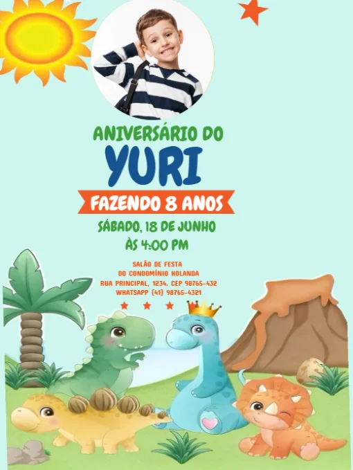 Convite De Aniversário Dinossauro Verde Com foto Para Editar