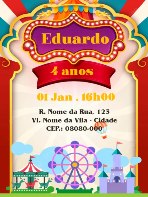 Convite de aniversário virtual infantil - circo Para Editar