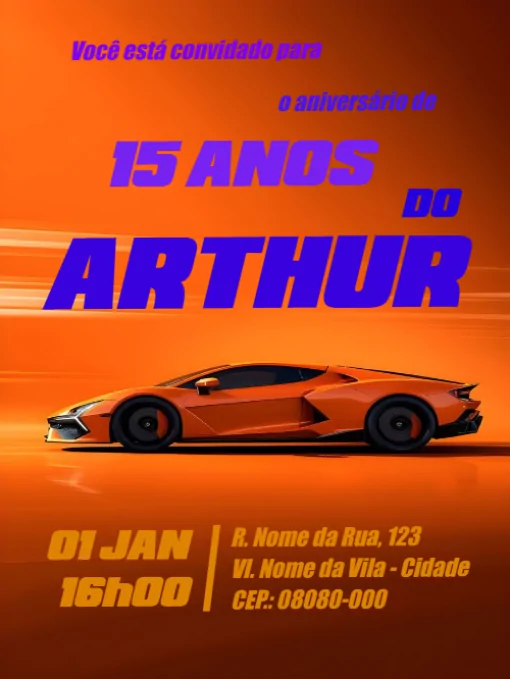 Convite de aniversário virtual masculino - carro Para Editar