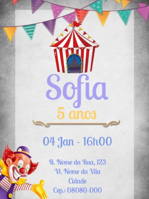 Convite de aniversário virtual Palhaço Para Editar