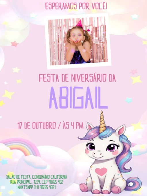 Convite Infantil Com Foto Unicornio Para Editar