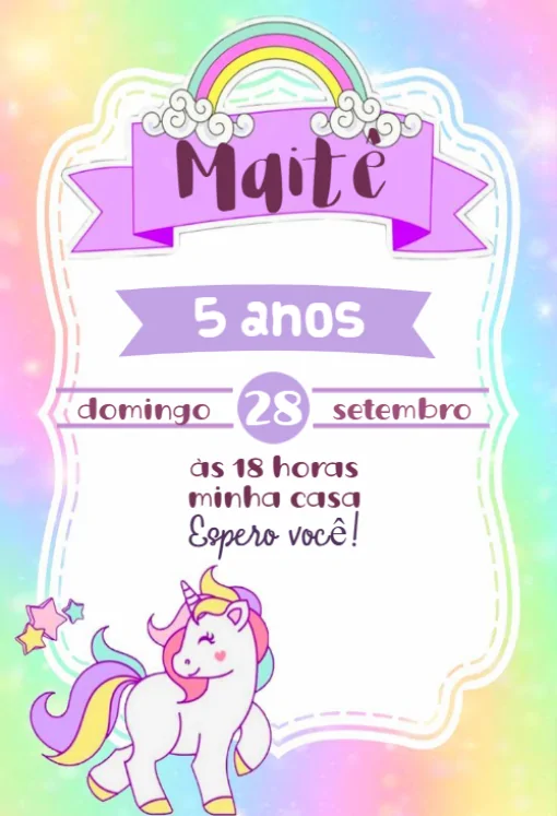 Convite virtual unicórnio arco-íris Para Editar